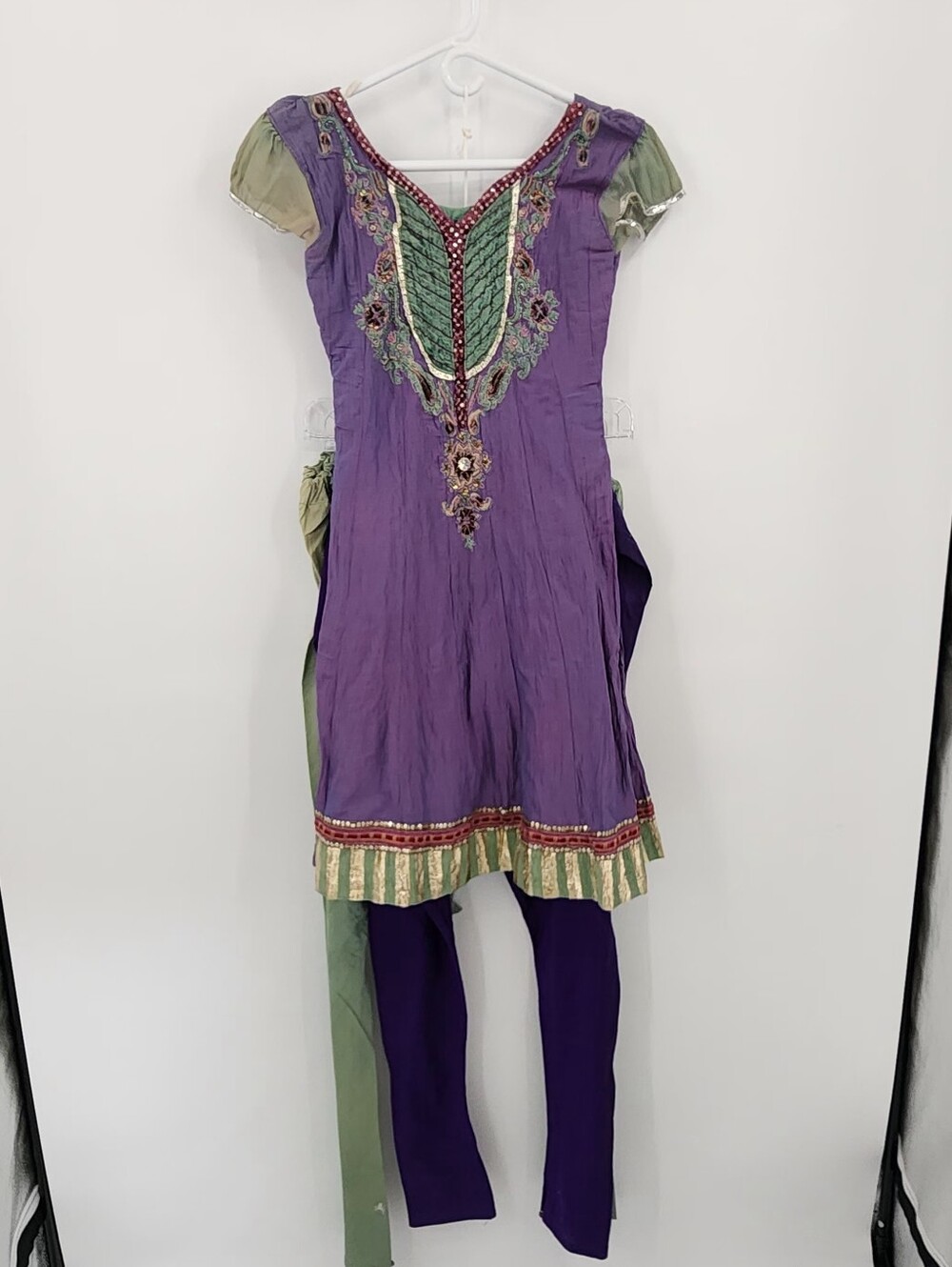 Girls Purple & Green Embellished Anarkali Dress with Dupatta, Size 7 Girl - Picture 3 of 10